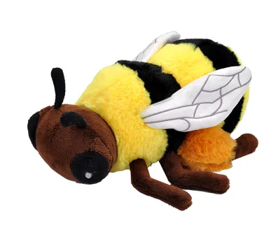 A plush toy bee is shown against a white background.
