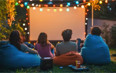 People watching a movie outdoors at night with string lights.