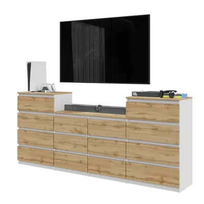 Immagine prodotto di Cassettiera 220 Cm Bianco Opaco / Rovere Wotan, 14 Cassetti, Set Di Tre Cassettiere, Soggiorno