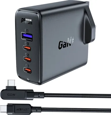 Produktbild von Acefast Schnell-Ladegerät Gan Uk 100W Power Delivery 3X Usb C 1X Usb Schwarz