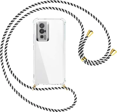 Produktbild von Handykette Backcover-Schutzhülle mit Band (Metall goldfarben) für Xiaomi Poco F5 Pro (6.67'') - schwarz/weiß gestreift