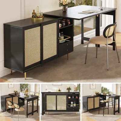 Produktbild von MODFU 360° drehbarer Bartisch mit Stauraum, ausziehbarer Bartisch, Aufbewahrungsschrank mit Rattantür + offenes Lagerregal für Küche und Esszimmer, Stehtisch Bistrotisch Kücheninsel,Sideboard Weinschrank, Kaffeeecke, Schwarz
