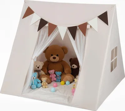 A beige teepee tent filled with teddy bears and colorful balls.