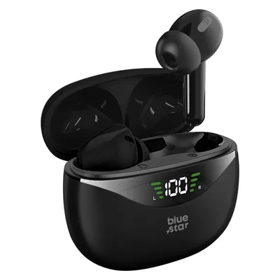 A pair of black wireless earbuds in an open charging case, with a digital display showing battery status.