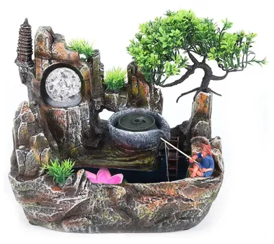 Produktbild von Zimmerbrunnen - Tischbrunnen - LED-Beleuchtung - Wasserfall - Kunststoff - Grün