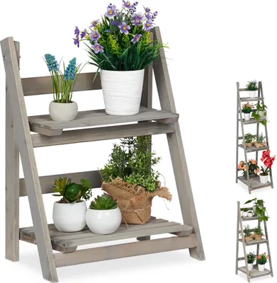 Produktbild von Relaxdays Blumentreppe, 2-stufig, Blumenleiter Holz, klappbar, Leiterregal für Pflanzen, HBT: 51,5 x 41 x 24 cm, grau