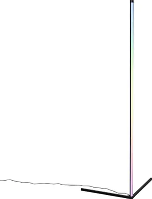A modern, minimalist floor lamp with a thin, vertical light element that displays a gradient of colors.