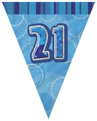 Glitzerblaue Wimpelkette 21. Geburtstag, 2,74 m