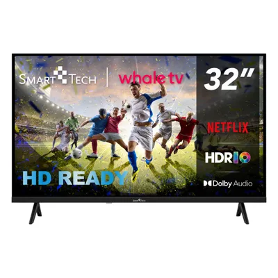 A television screen displaying a soccer match with various branding and feature callouts.