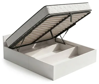 Produktbild von Bett mit Bettkasten 160x200 cm Metalllattenrost aufklappbar und Federkernmatratze Weiß