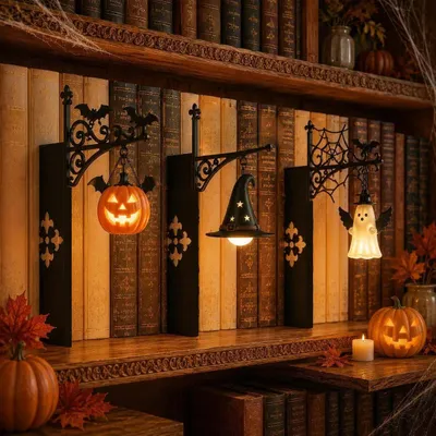 Productafbeelding van Boekenrek lampen set van 3 – Vintage LED nachtlampjes, metaal, Halloween-collectie voor leeshoekje en bibliotheek – Decoratieve cadeauset