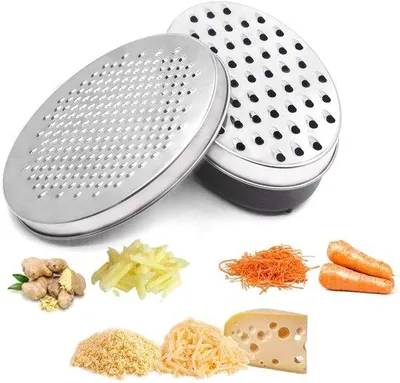 Image de Râpe multifonctionnelle en acier inoxydable avec récipient et couvercle pour le fromage, les légumes et le chocolat.