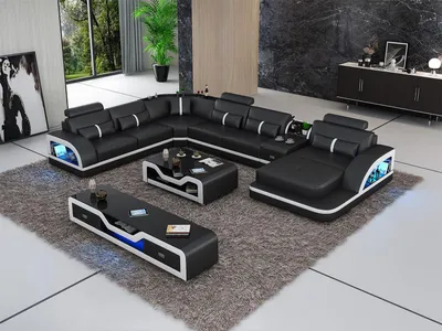 Produktbild von Ecksofa Schwarz mit Couchtisch 2tlg. Wohnzimmer Ledersofa Set Eckgarnitur Tisch