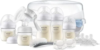 A collection of Philips Avent baby feeding products, including bottles, a breast pump, pacifiers, bottle nipples, and a sterilizer, arranged on a white background.