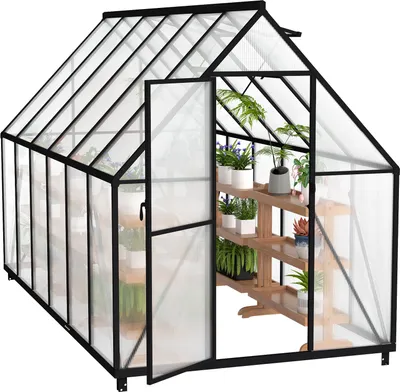 A greenhouse filled with plants and shelves.