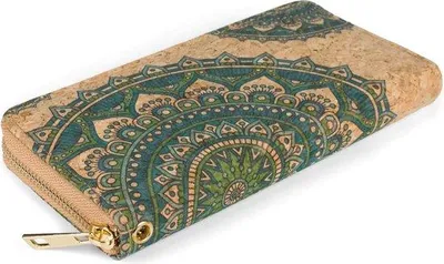 Produktbild von Unyqoos® Damen Geldbörse aus Kork mit buntem Ethno‑Mandala‑Ornament, Rundum‑Reißverschluss, abnehmbare Handschlaufe, 19 x 10 x 2,5 cm – Petrol‑Grün