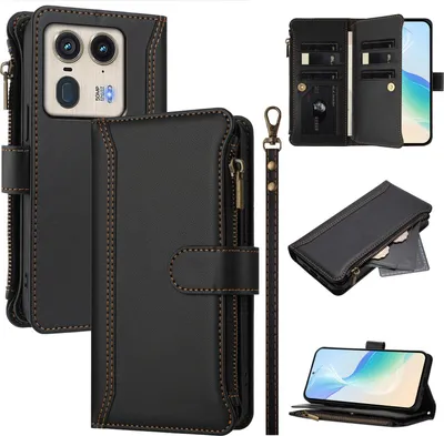 Obrázek produktu pro Pouzdro pro Motorola Moto Edge 50 Ultra, zipem, peněženkovéPolyuretankožené flip pouzdro s kapsami na karty, stojánkem a poutkem na ruku černý