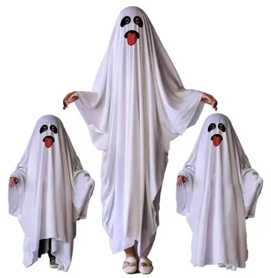 Image de Costume d'Halloween pour fantôme - Ensemble de costume unie - Masque avec visage grimaçant - Masque et gants - Polyester - Taille 146 cm