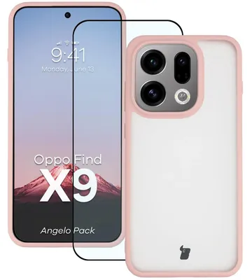Produktbild von Schutzhülle + gehärtetem Glas für Oppo Find X9, Bizon Angelo Pack, Semitransparent mit hellrosem Rahmen