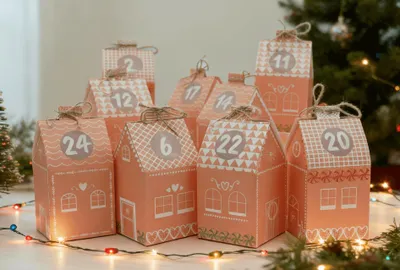Adventskalender zum Befüllen, 24 Boxen, Lebkuchenhaus, 8x8x14 cm