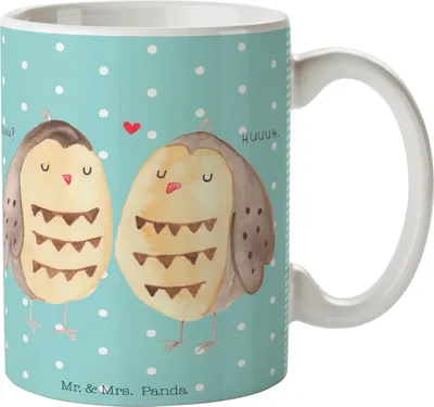 Produktbild von Mr. & Mrs. Panda Kaffeebecher Eulen Liebe - Türkis Pastell - Geschenk, Kaffeetasse, Eule, Owl, Tasse, glücklich, Teetasse, Henkeltasse, Geschenktasse, Trinkbecher, Paar