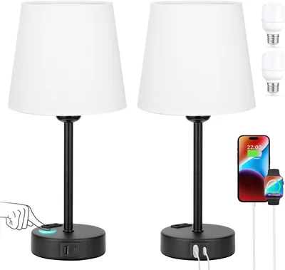 Obrázok produktu pre Nočná lampička s dotykovým stmievačom, funkciou nabíjania cez USB-A a USB-C a s 2 LED žiarovkami – biela/čierna