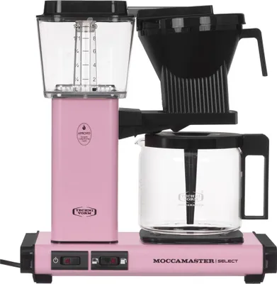 A pink Moccamaster coffee maker is shown against a white background.