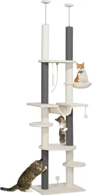 A tall, multi-level cat tree with several cats interacting with it.