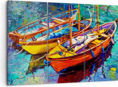 Produktbild von Bild auf Leinwand - Leinwandbild - Boote Bunt Angeln Wasser - 105x70cm - Wand Bild - Wanddeko - Leinwanddruck - Bilder - Kunstdruck - Wanddekoration - Leinwand bilder - Wandkunst - CE105x70-2858