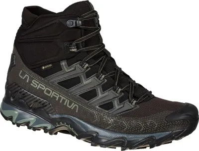 Schwarze Wanderschuhe "Ultra Raptor II Mid GTX" von La Sportiva mit hohem Schaft und griffiger Sohle.