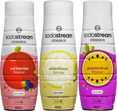 Zdjęcie produktu dla 3x Syrop do SodaStream Red Berries Zero 440ml + Elderflower Zero 440ml + Passionfruit Zero 440ml
