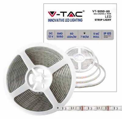 Immagine prodotto di V-TAC VT-5050 Striscia LED 12V SMD5050 5M 7W/M 60LED/M 100LM/W multicolore RGB Waterproof IP65 - SKU 212155