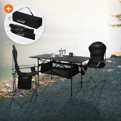 Obrázok produktu pre Hauki kempingový set nábytku 3 kusy, skladací stôl čierny s 2 kempingovými stoličkami vrátane prenosnej tašky
