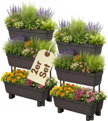 Produktbild von 2er Set Pflanzkübel mit Sichtschutz Hochbeet Balkon 3 Etagen Vertikalbeet mit Sichtschutz Blumenkasten Balkon Hoch Pflanzentreppe Pflanzpyramide Hochbeet Garten