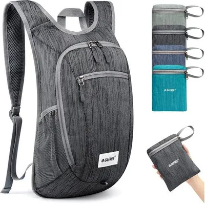 Produktbild von Kleiner, faltbarer, schwarzer Rucksack, 10/15 l, leicht, verstaubar, für Reisen, Wandern und Schultertasche