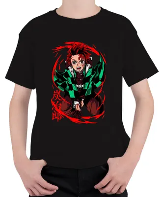 Produktbild von Tanjiro Kimetsu no Yaiba Sonnenatem Hinokami Anime Geschenk Kinder T-Shirt, Schwarz, 140