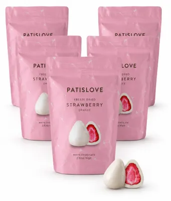 Image de Patislove, fraises lyophilisées enrobées de chocolat blanc, 80g – Pack de 5 (5 × 80 g)
