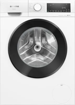 A front view of a white Siemens washing machine with a black door and a digital display.