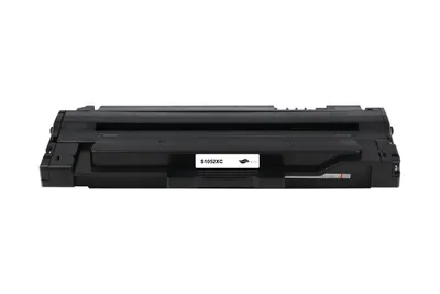 A black toner cartridge is shown against a white background.