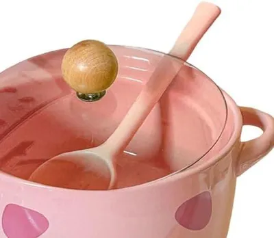 Produktbild von Suppenschüssel mit Deckel und Löffel, Doppelgriff, Multifunktional mit Tiermotiv, Hitzebeständig und Spülmaschinenfest, Rosa