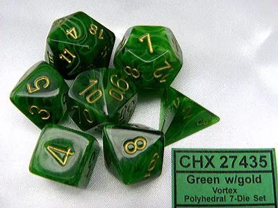 Produktbild von Chessex Vortex Grün/Gold Polydice Würfel Set 7 Stück
