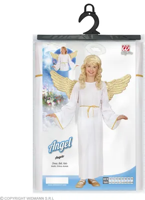 A child's angel costume is displayed in its packaging, with a model wearing the costume shown on the packaging.