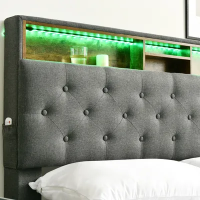 Image de Sweiko Lit rembourré 140x200cm Tête de lit à rangement avec éclairage LED Sommier à lattes en bois massif Lin gris (sans matelas)