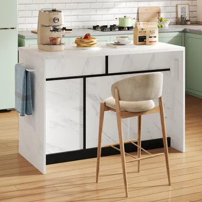 Imagen del producto de Isla de cocina de 120x60x91 cm con enchufes, puertos USB, barra y estantes ajustables, en color y blanco
