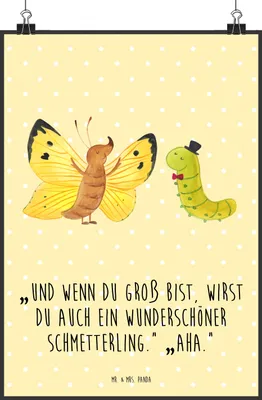 Produktbild von Mr. & Mrs. Panda Bild Raupe Schmetterling DIN A1 - Gelb Pastell - Geschenk, drucke, Entwicklung, Hütchen, Hut, Lustige Sprüche, Wandbild, wanddeko, Kunstdruck, Plakat