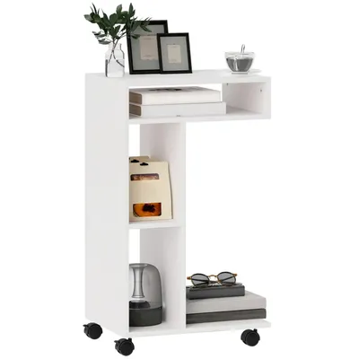 Produktbild von Beistelltisch Couchtisch mit Rollen, Schreibtisch mit 4 Regalen, Sofatisch Laptoptisch, Betttisch, für Esszimmer Wohnzimmer, Weiß