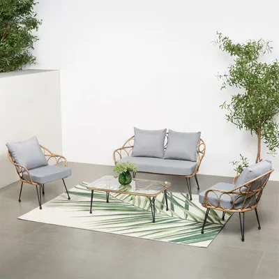 Produktbild von Gartenmöbel CAIRO: 2 Sessel, 1 Zweisitzer, 1 Beistelltisch - braun/grau, Loungemöbel Balkon, Rattan-Gartenmöbel, Loungeset