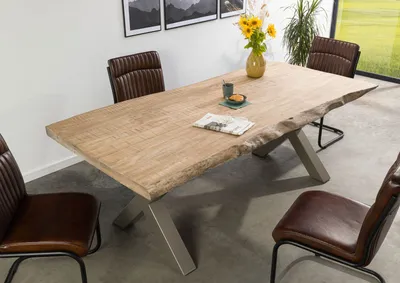 Produktbild von MASSIVMOEBEL24 Baumtisch Mango 180x90x77 beige lackiert / X-Beine silber matt FREEFORM 5