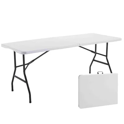 A white folding table and its folded form are shown against a white background.