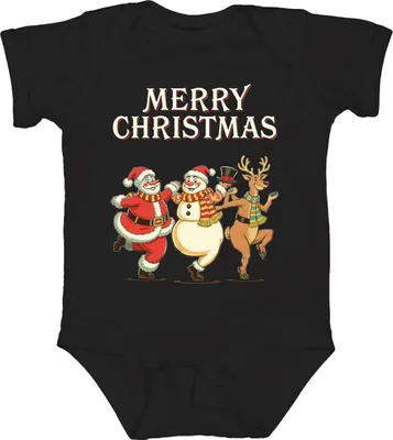 Produktbild von MERRY CHRISTMAS Weihnachtsmann Schneemann Rentier tanzend Vintage Unisex Baby Body, Schwarz, 0/3